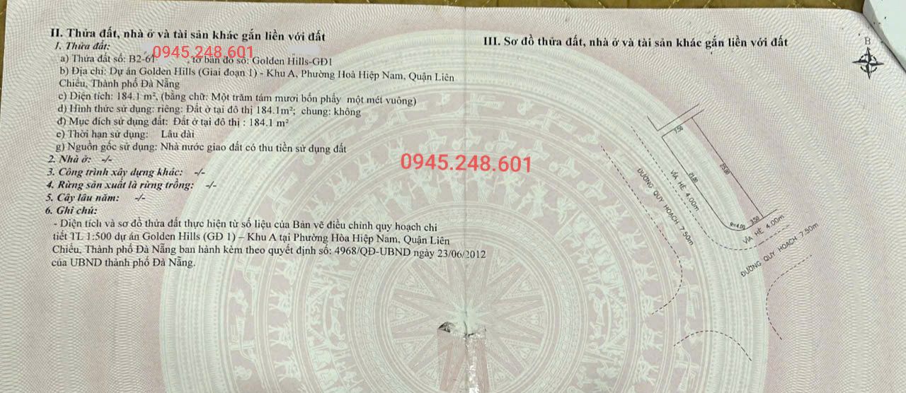 Đất Nền Goldenhills Đà Nẵng - Lô Góc 2 Mặt Tiền 184m² - Sẵn Sàng Đầu Tư