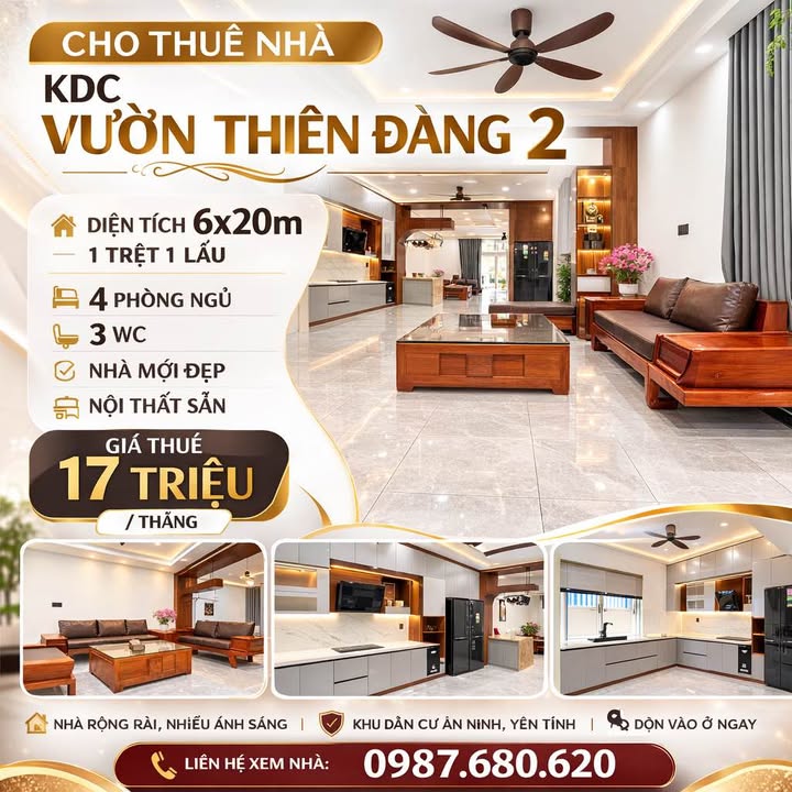 Nhà 120m² KDC Vườn Thiêng Đàng 2 - 4PN, Nội thất sẵn, Giá 17 Triệu/Tháng