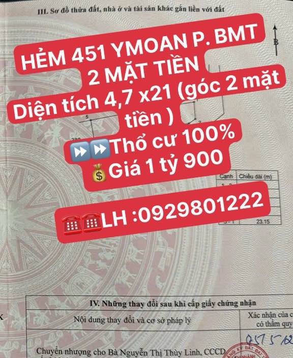 Đất thổ cư 98m² góc 2 mặt tiền - Hẻm 451 Ymoan, Buôn Ma Thuột - 1.9 tỷ