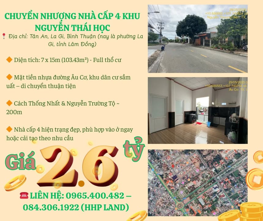 Nhà Cấp 4 Đường Âu Cơ La Gi 103m² Sổ Hồng Riêng - Giá 2.6 Tỷ