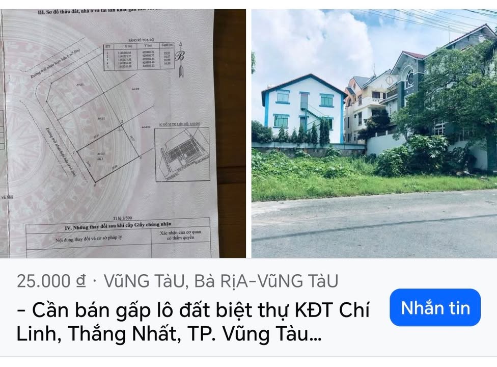 Đất biệt thự Chí Linh, Vũng Tàu 385m² - Sổ riêng, giá 25 tỷ