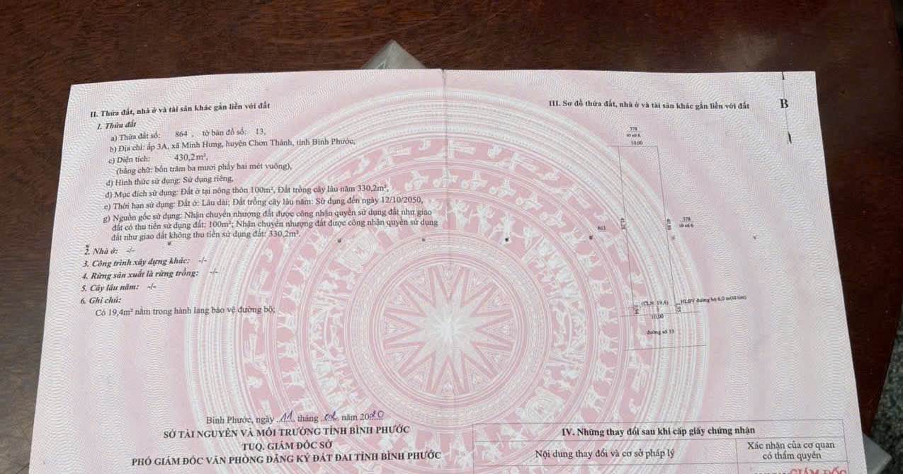 Đất Nền MT Đường Số 33 Chơn Thành 430m² - Sổ Đỏ Thổ Cư 100m²