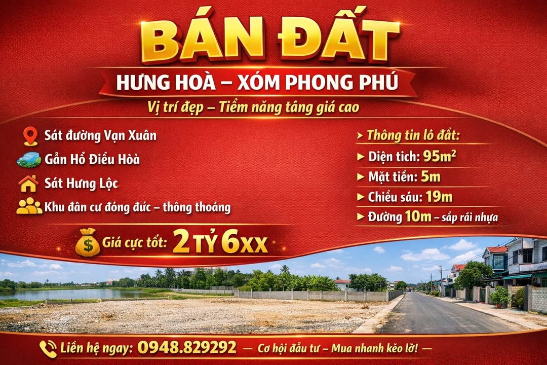 Đất Nền Hưng Hoà Vinh 95m² - Sổ Đỏ Sẵn Sàng - Giá Đầu Tư 2.6 Tỷ