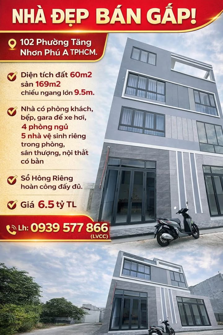 Bán Gấp Nhà Hẻm 43 Đường 102, TP Thủ Đức - 60m², 4PN, 9.5m Ngang