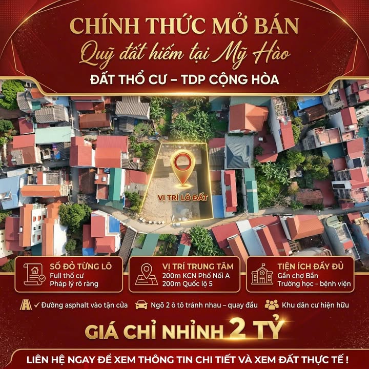 Đất nền Mỹ Hào, Hưng Yên - Sổ đỏ thổ cư 48m² - Giá chỉ từ 2 tỷ