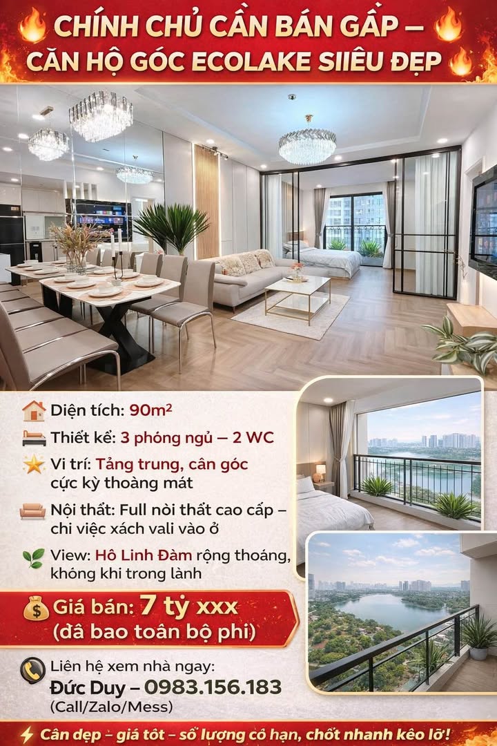 Bán Gấp Căn Hộ Góc Ecolake 90m² - View Hồ Linh Đàm, 7.x Tỷ