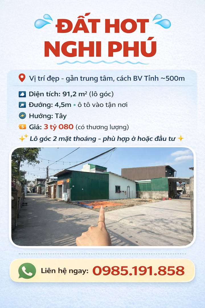 Đất Lô Góc Nghi Phú 91.2m² - Sổ Đỏ Chính Chủ, Gần TT Vinh