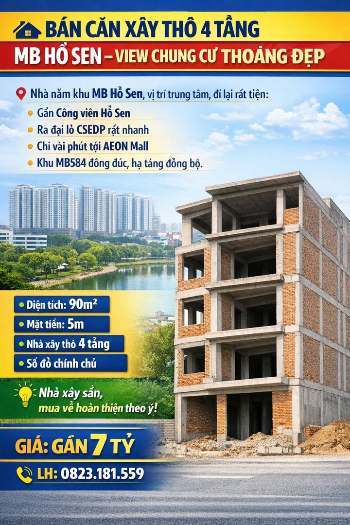Nhà xây thô 4 tầng MB Hồ Sen, 90m², view thoáng, gần AEON Mall - 6.9 tỷ