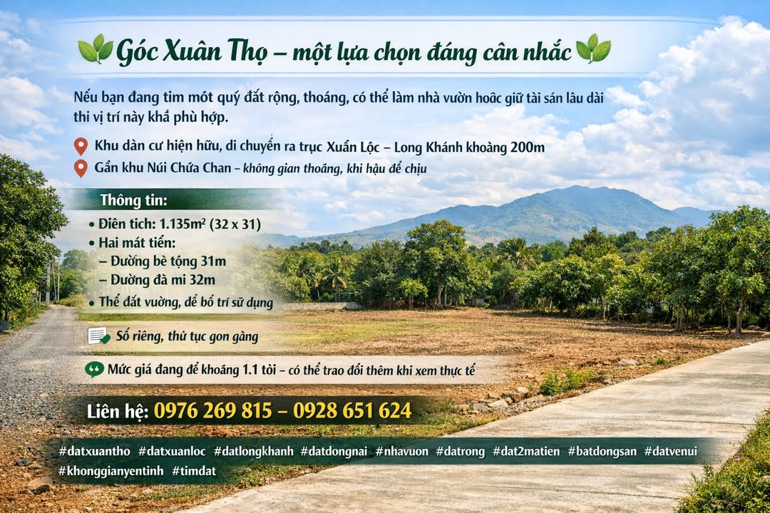 Bán đất vườn Xuân Thọ, Đồng Nai - 1135m² hai mặt tiền, giá 1.1 tỷ