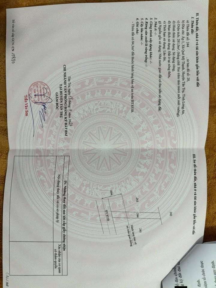 Bán Đất Thổ Cư Mặt Tiền DT 833B Tân Trụ, Long An - 3000m² Giá 2.2 Tỷ