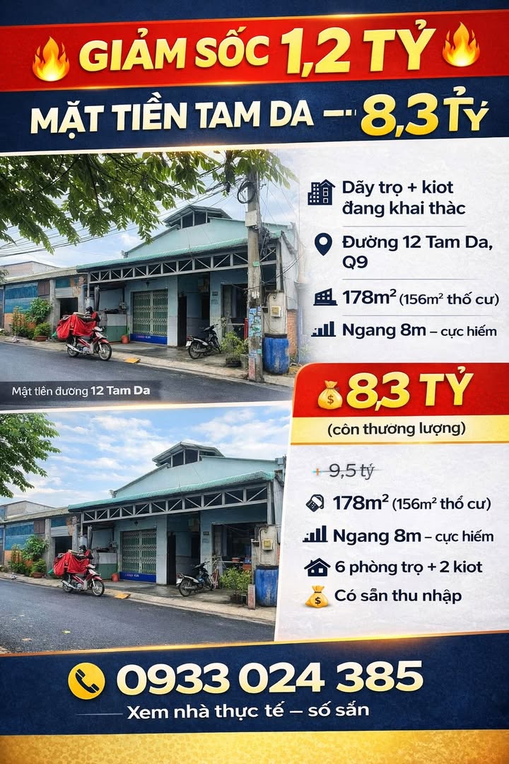 Nhà Mặt Tiền 178m² Đường 12 Tam Đa, Q9 - Giảm Sốc 1.2 Tỷ, Giá Chỉ 8.3 Tỷ