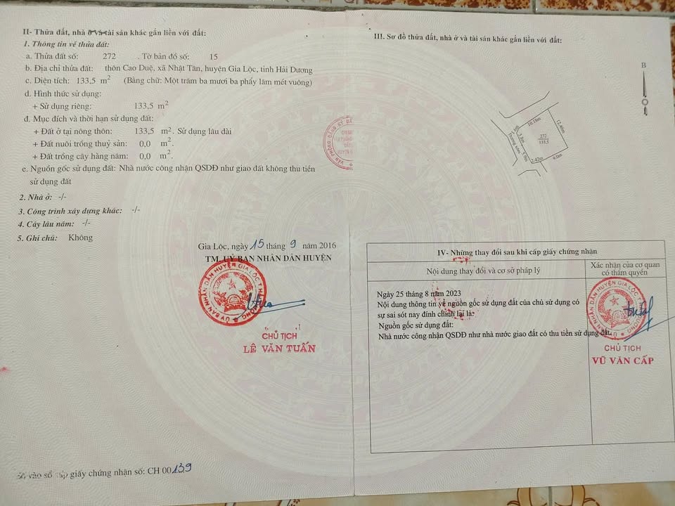 Đất nền 133.6m² sổ đỏ full thổ cư, 2 mặt tiền tại Gia Lộc, Hải Dương