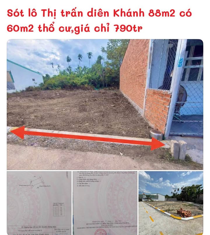 Đất nền Diên Khánh 88m² - Sổ đỏ 60m² thổ cư, Giá chỉ 790 triệu!