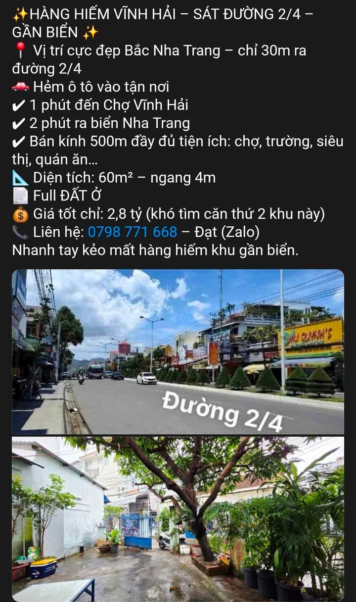 Đất nền Vĩnh Hải 60m² - Sổ đỏ Full Thổ cư, sát biển, ô tô vào nhà