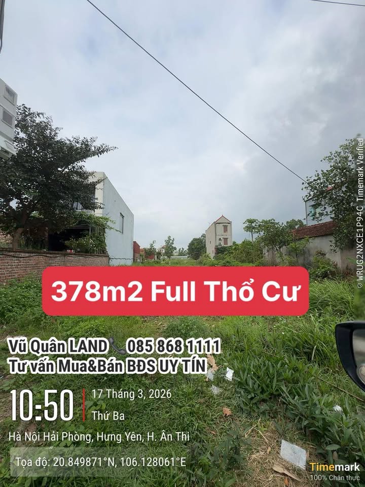 Đất thổ cư 378m² Ân Thi, Hưng Yên - Ngay cao tốc, giá chỉ 10tr/m²