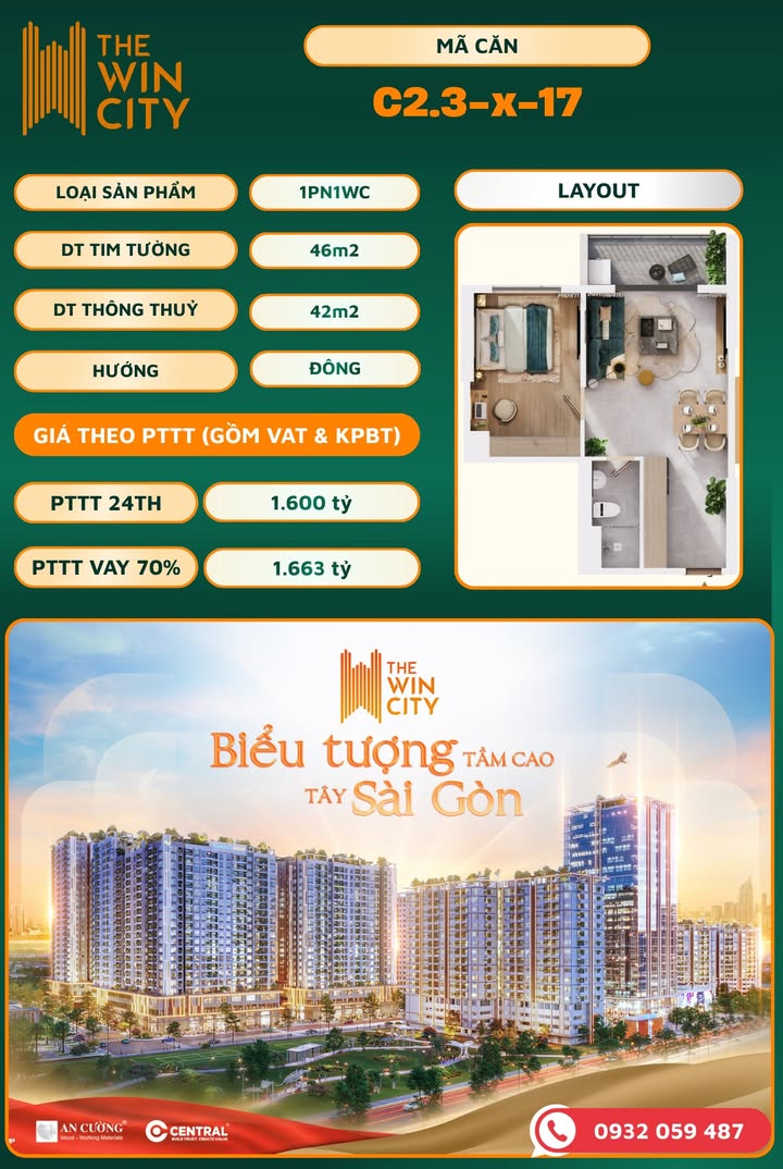 Căn hộ 1PN The Win City 46m² - Nội thất An Cường, View Nội Khu