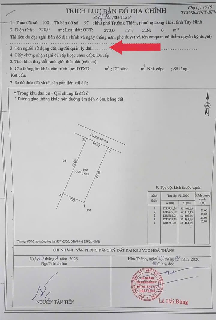 Bán đất 270m² Full thổ cư Phường Long Hoa, Tây Ninh - Giá 890 triệu