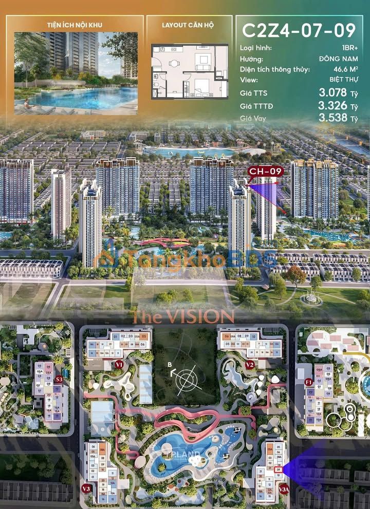 Căn hộ 1N+ 46.6m² Hưng Yên - View Vincom, Giá 3.078 Tỷ