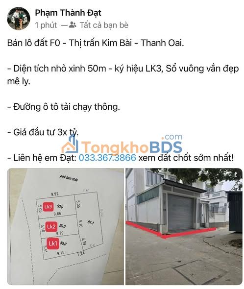 Đất nền Kim Bài, Thanh Oai 50m² - Sổ hồng vuông vắn, ô tô thông thoáng