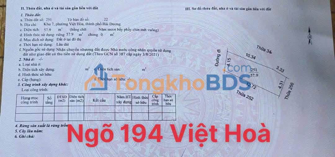 Đất nền 57.9m² Việt Hòa, Hải Dương - Sổ hồng riêng, giá đầu tư tốt