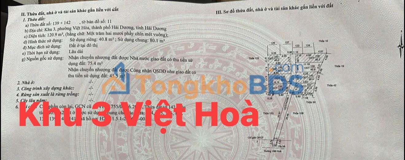 Đất nền Việt Hòa, TP. Hải Dương 40.8m² - Sổ đỏ 2024, Giá 1 tỷ xxtr
