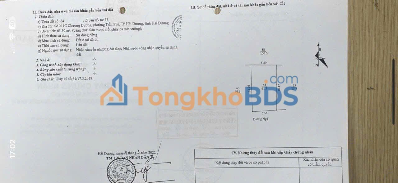 Bán đất 61m² Trần Phú, Hải Dương - Giá 1.3 tỷ, Sổ đỏ sẵn sàng