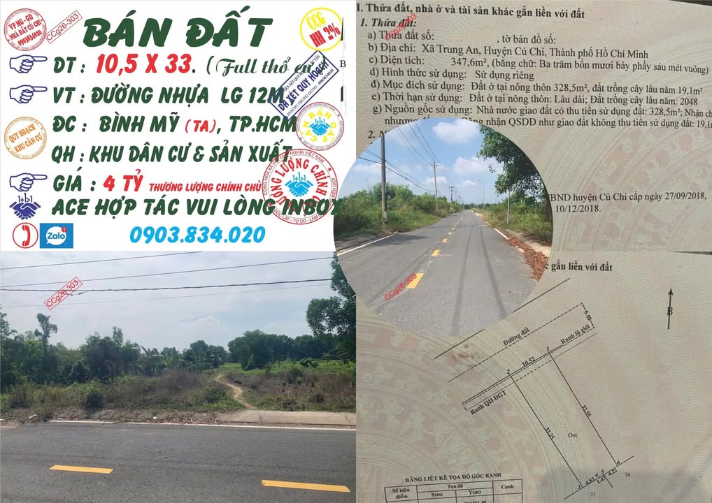 Đất nền MT đường nhựa 12m, Củ Chi 346m² sổ hồng - Giá 4 tỷ