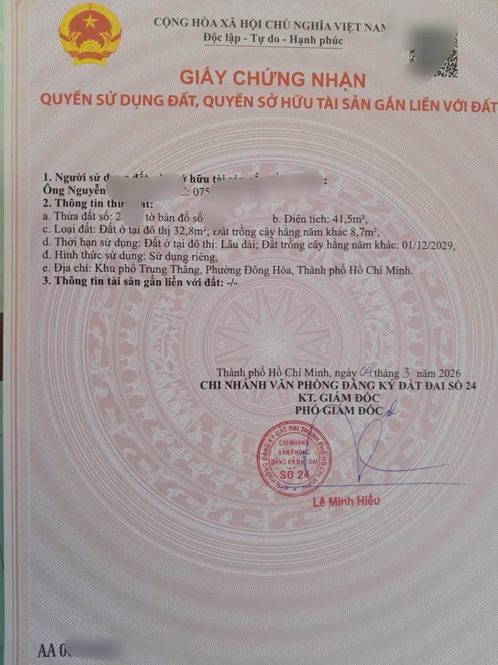 Bán Đất 41.5m² Phường Đông Hòa, Dĩ An - Sổ Hồng Riêng, Giá 1.5 Tỷ