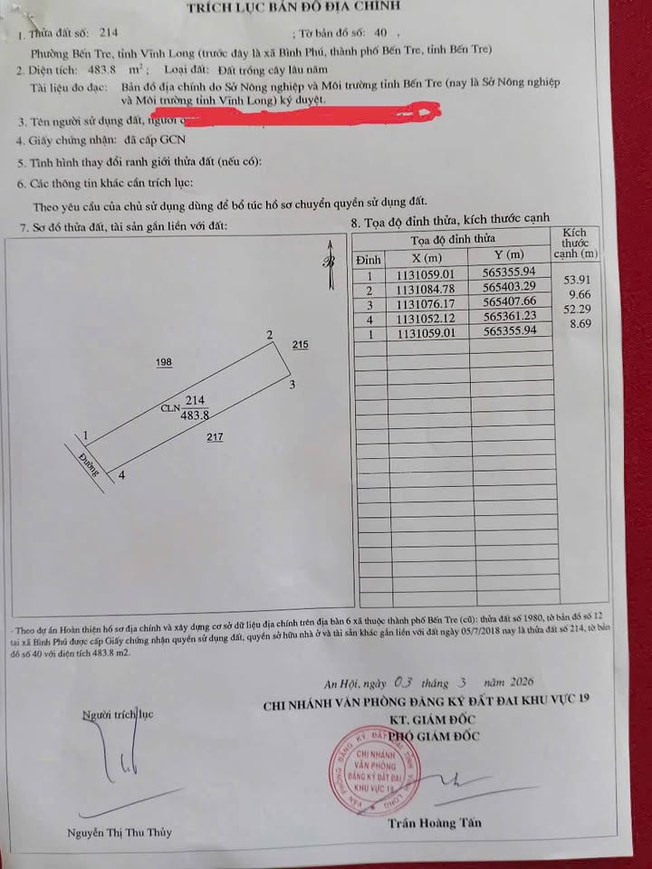 Đất Nền Phường 7, Bến Tre - 483m² Sổ Hồng, Giá 600 Triệu