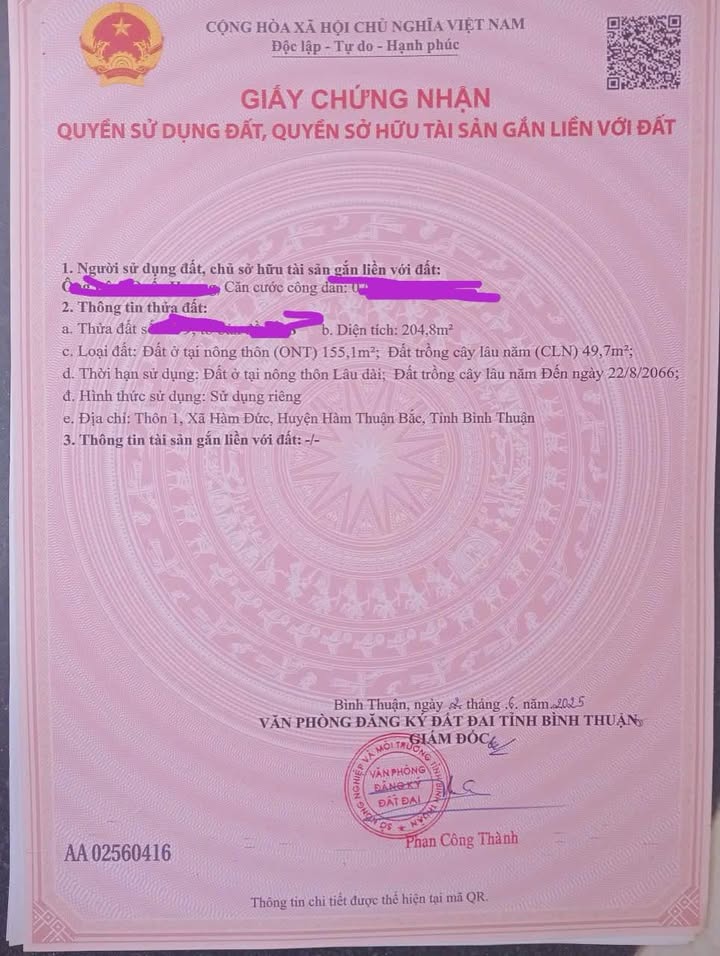 Bán gấp Đất Thổ Cư Hàm Thuận Bắc 204m² - Giá 650 triệu