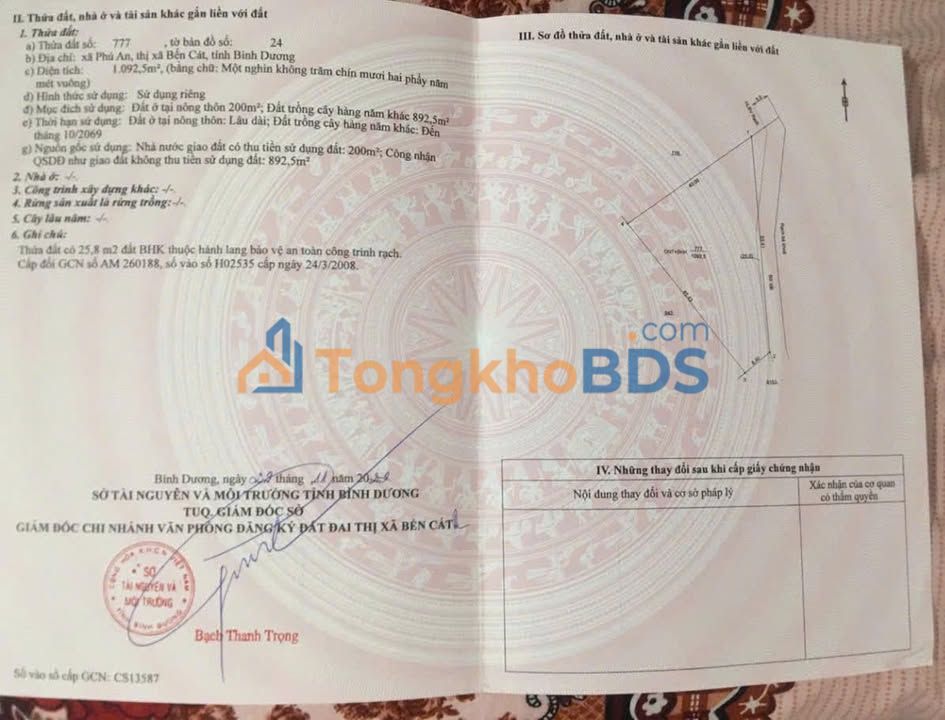 Đất Vườn Phú An - Bến Cát 1100m² Sổ Hồng Riêng - Giá 2.5 Tỷ