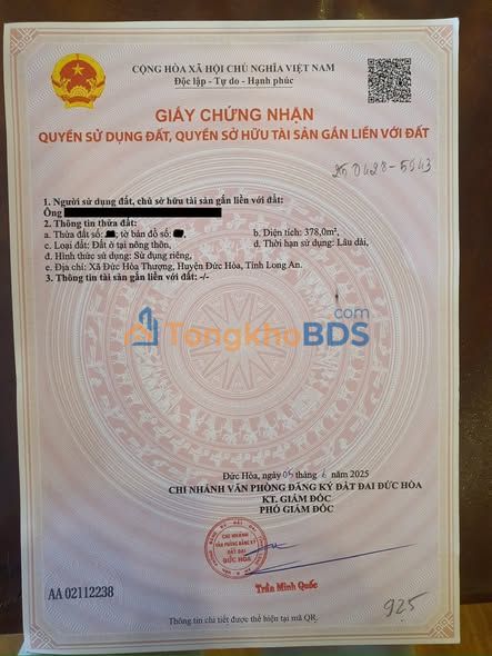 Đất nền Đức Hòa Thượng 378m² 3.6 tỷ - Sổ đỏ chính chủ