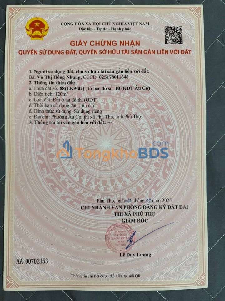 Đất nền 120m² Âu Cơ, Phú Thọ - Giá tốt, sổ đỏ sẵn