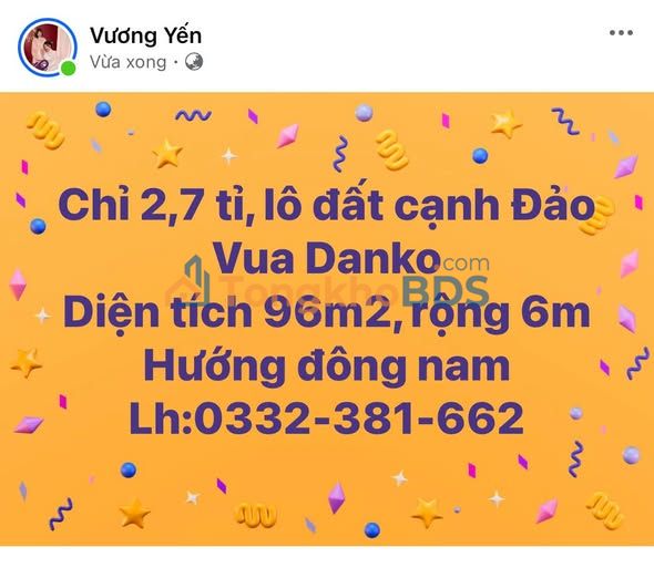 Đất nền 96m² cạnh Đảo Vua Danko, Thái Nguyên - Giá chỉ 2.7 tỷ