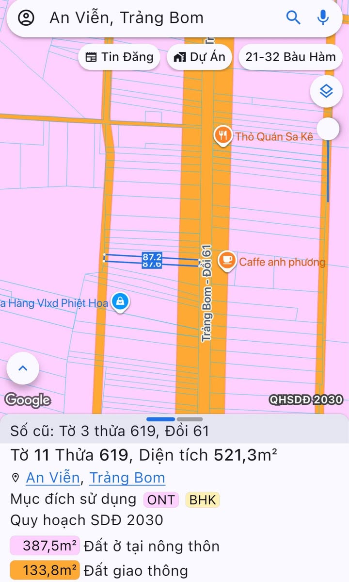 Đất nền mặt tiền Xã Đồi 61, Trảng Bom - 521m² Kinh doanh tốt