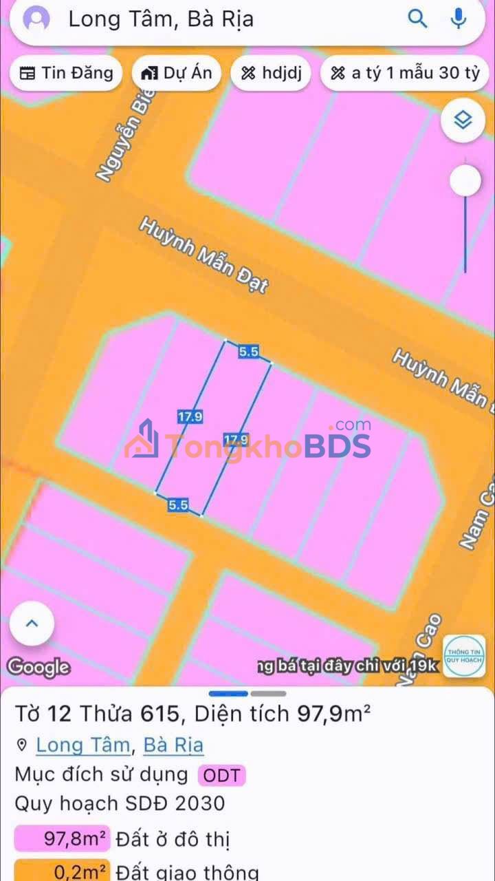 Bán đất mặt tiền Huỳnh Mẫn Đạt, Bà Rịa - 97m² full thổ cư, giá 2.1 tỷ