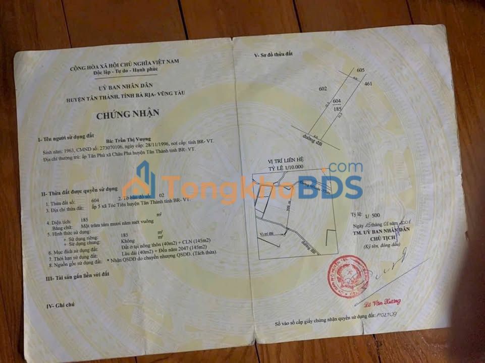 Đất nền Mặt tiền Mỹ Xuân - Tóc Tiên, 192m², 1.5 tỷ - Sổ hồng thổ cư