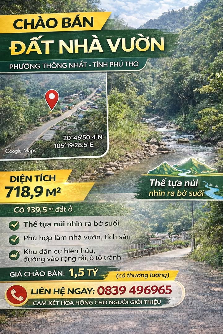 Bán Đất Vườn Phú Thọ 718.9m² - Tựa Sơn Hướng Thủy, Giá 1.5 Tỷ