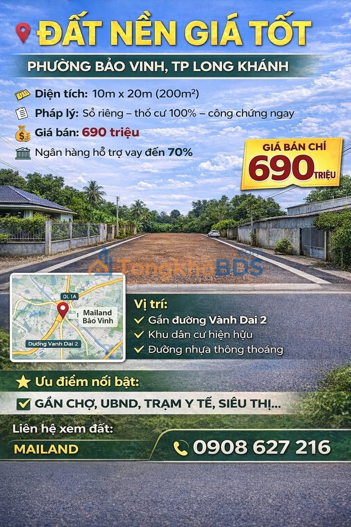 Đất nền Long Khánh 250m² Sổ hồng chính chủ - Giá 690 triệu