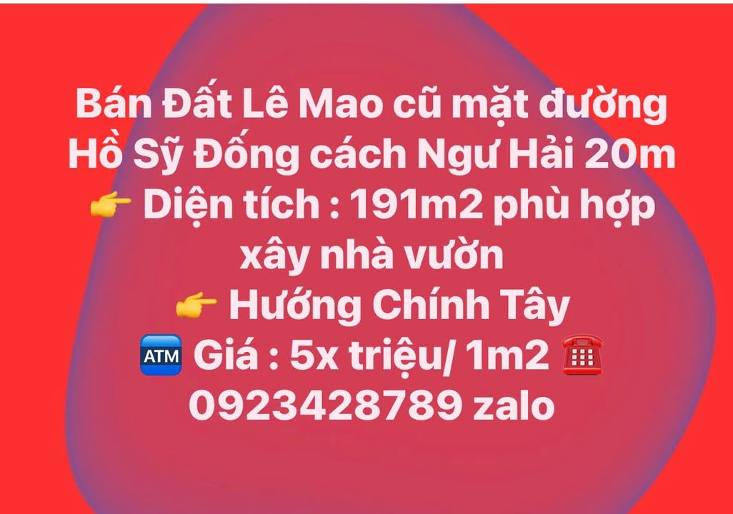 Đất Vàng Lê Mao Vinh 191m² - Mặt Đường Hồ Sỹ Đống, Sẵn Sàng Xây Nhà Vườn