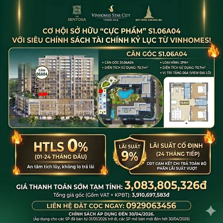Căn hộ góc The Sentosa 70m² - 3.08 tỷ, View Đại lộ