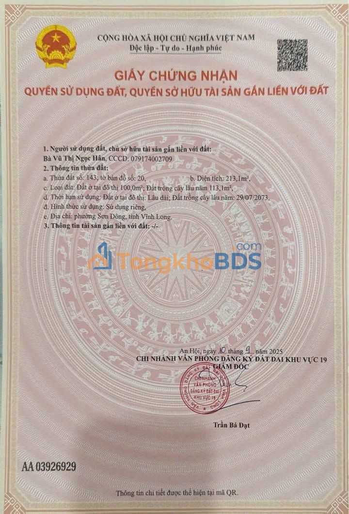 Bán đất 213m² Lộ ấp 3, Bến Tre - Sổ đỏ thổ cư, giá 1.2 tỷ