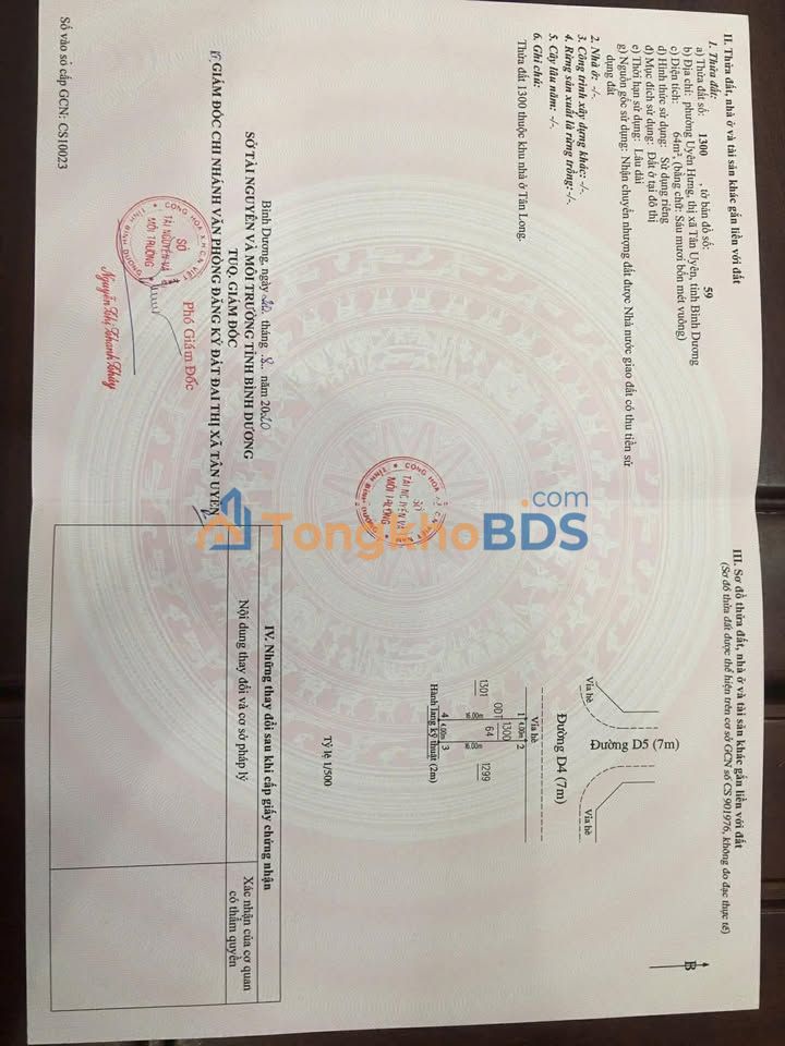 Bán đất Tân Uyên 64m² Thổ cư 100% - Sổ hồng sẵn tên