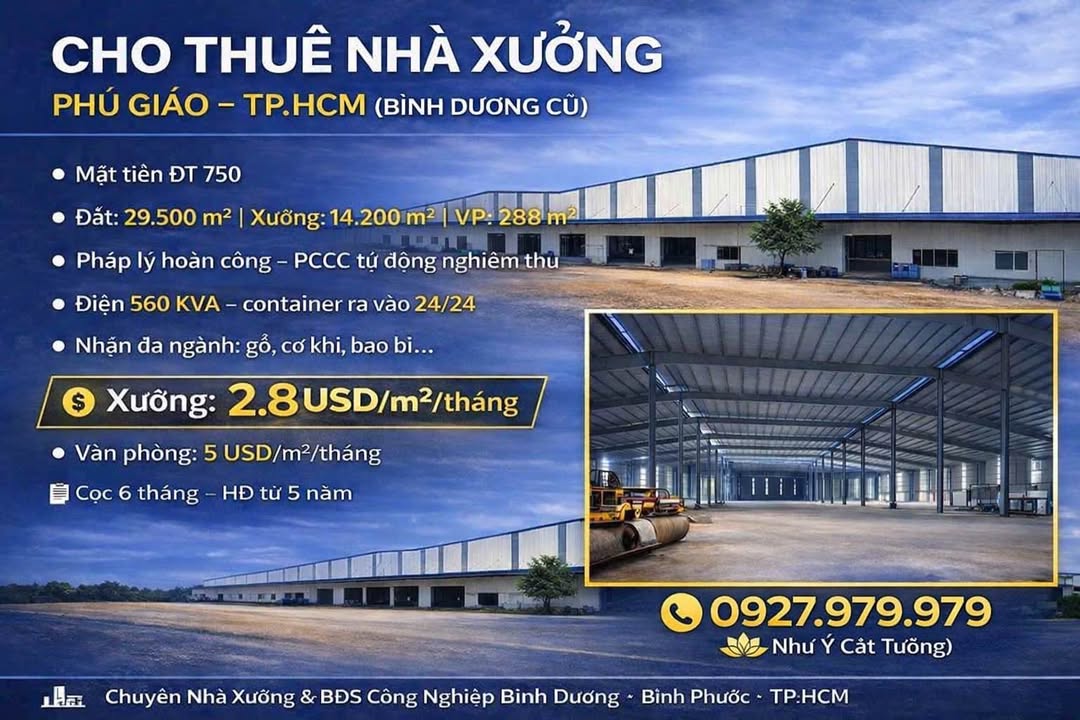 Nhà Xưởng 14.200m² Mặt Tiền ĐT 750, Phú Giáo - Giá 2.8 USD/m²
