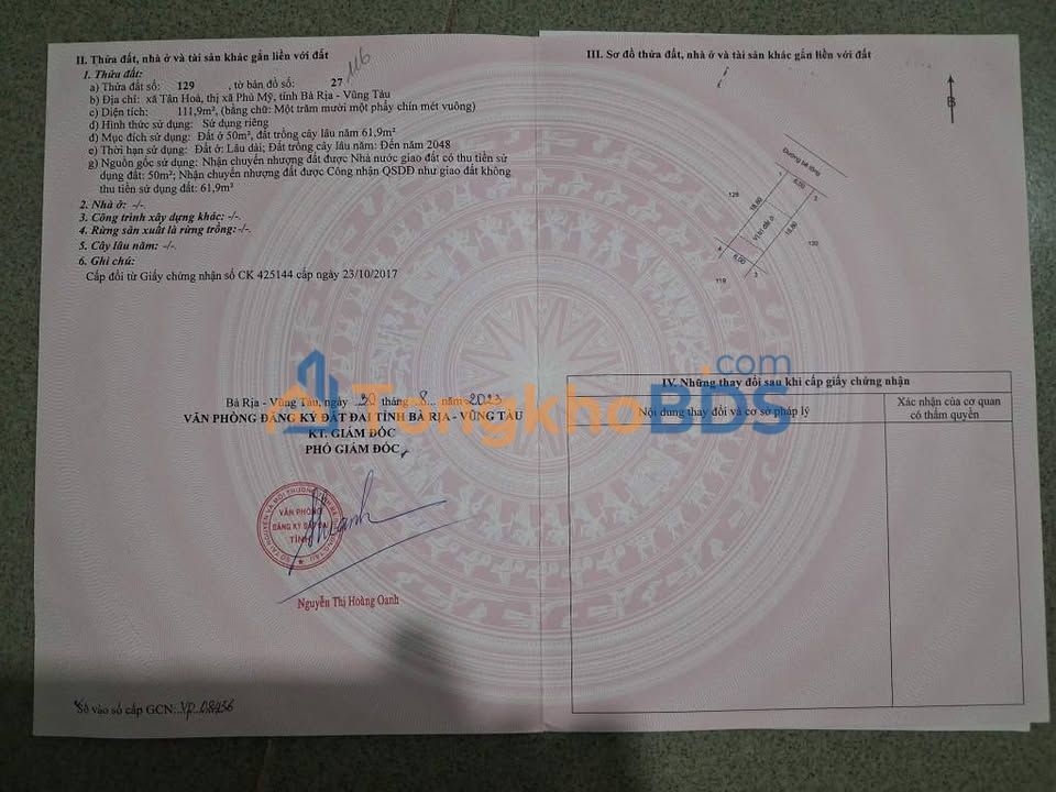 Đất Nền 108m² Xã Tân Hưng, TP Bà Rịa - Sổ Đỏ Thổ Cư, Giá 1.25 Tỷ