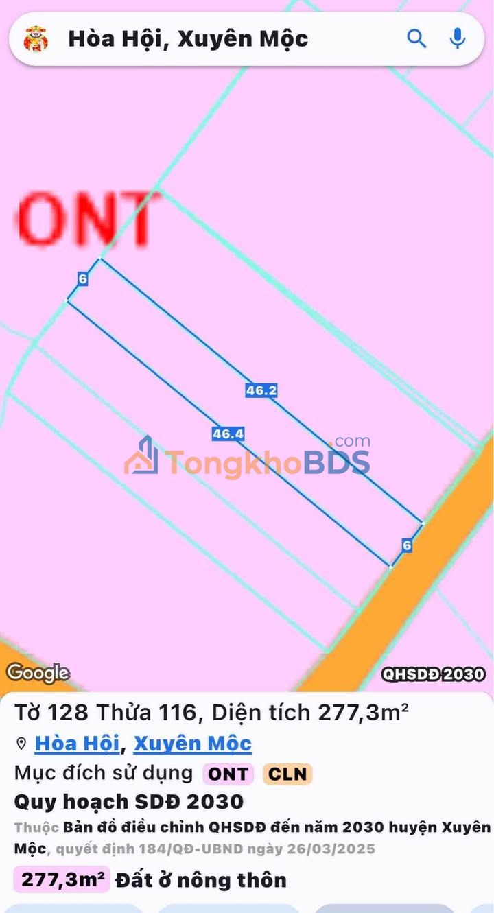 Đất Xuyên Mộc 276m² - Ngang 6m, Đường Nhựa, Sổ TC 780 Triệu