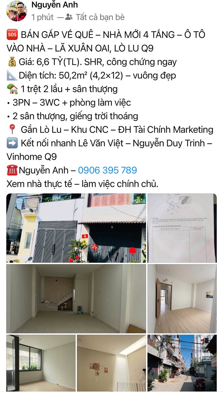 Nhà 4 Tầng Lã Xuân Oai, Q9 - 50m², 3PN, Ô Tô Vào Nhà, Giá 6.6 Tỷ