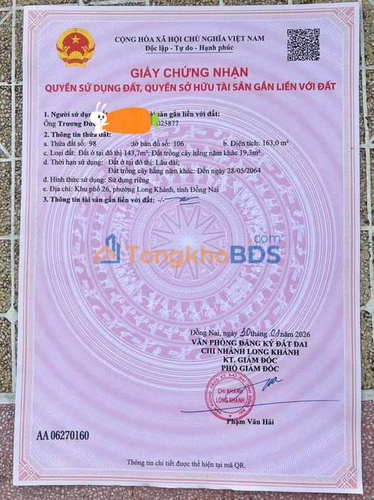 Đất thổ cư 155m² TP Long Khánh - Sổ hồng riêng, giá 2.5 tỷ