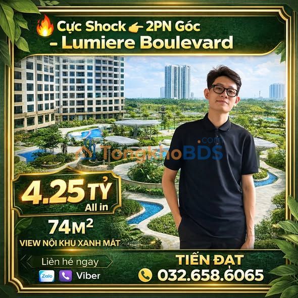 Căn hộ 2PN Lumiere Boulevard 74m² - View Nội Khu Xanh Mát - 4.25 Tỷ
