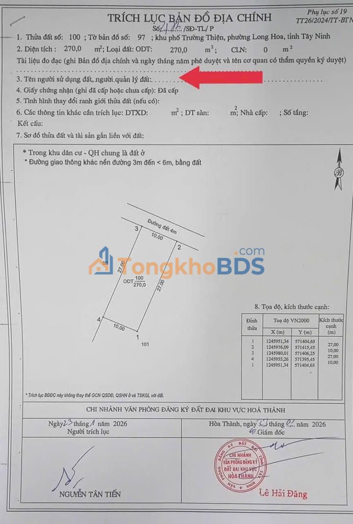 Đất Nền Thổ Cư 270m² Phường Long Hoa, Tây Ninh - Giá 890 Triệu